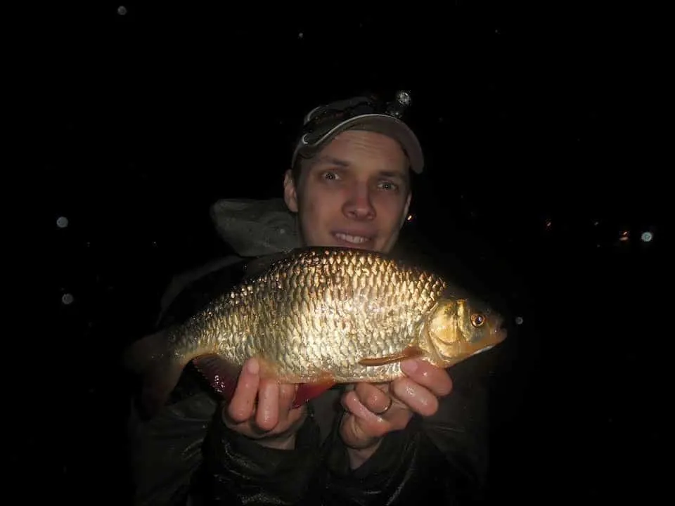 a night fisherman holding a big rudd that he has caught in the rain