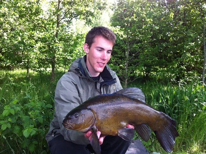 an angler on a lake holding a fat spring tench that he has caught on a pop-up