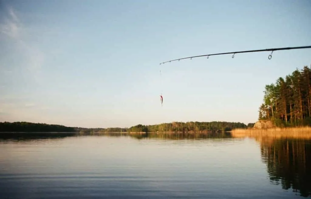 a picture of a rod and a lure on a fishing lake