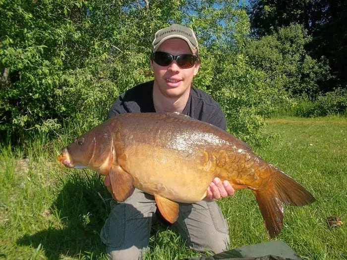 an angler holding a fat mirror carp with few scales