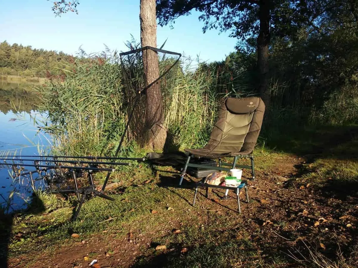a fishing spot with a prepared breakfast