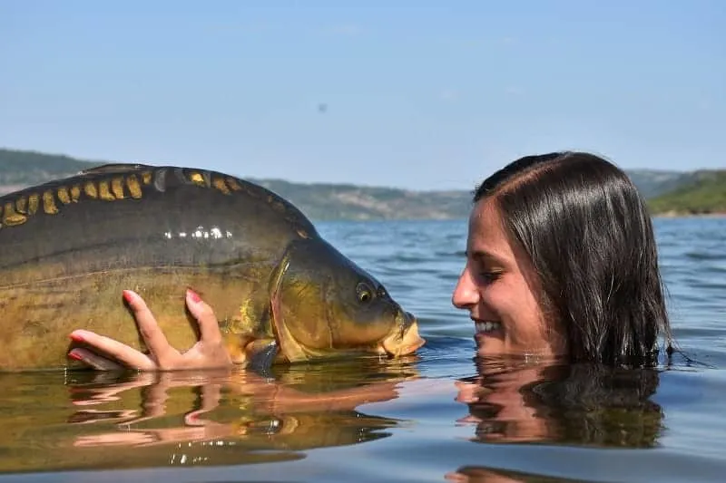 claudia darga in the water with a big carp