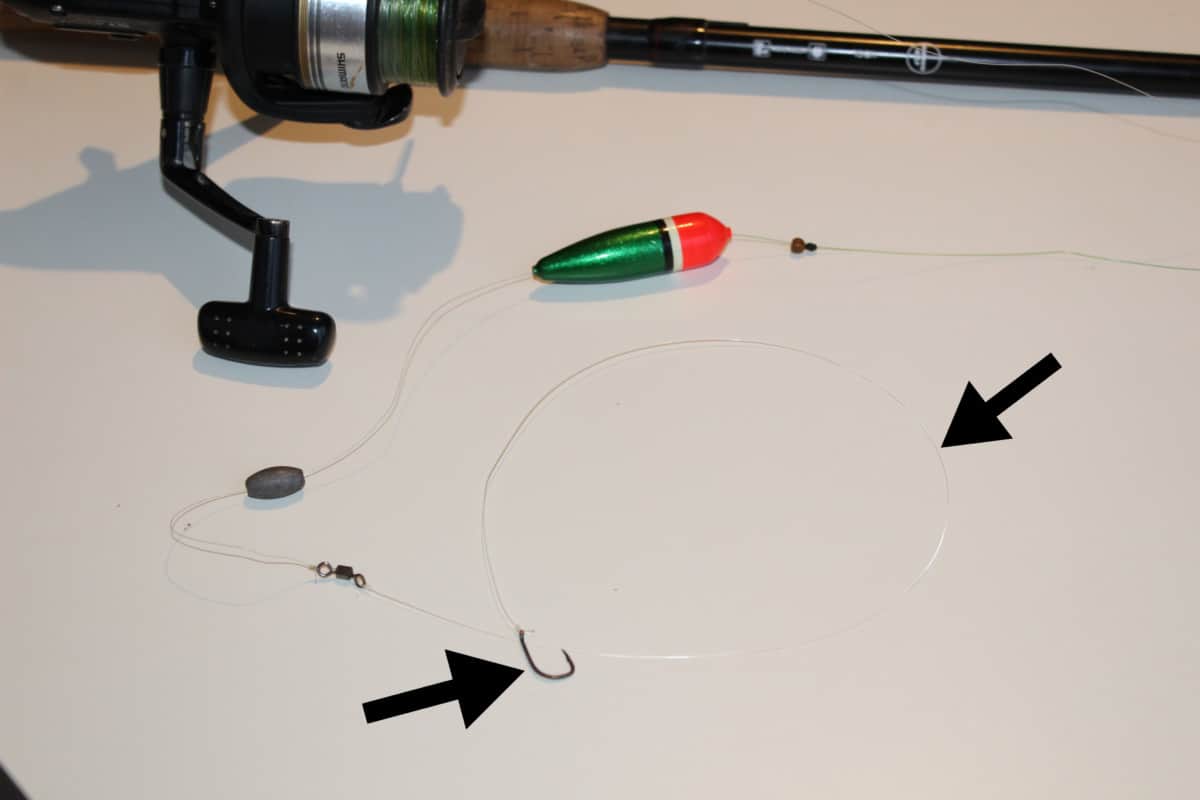 an image of a fluorocarbon leader and a single hook on a slip bobber rig