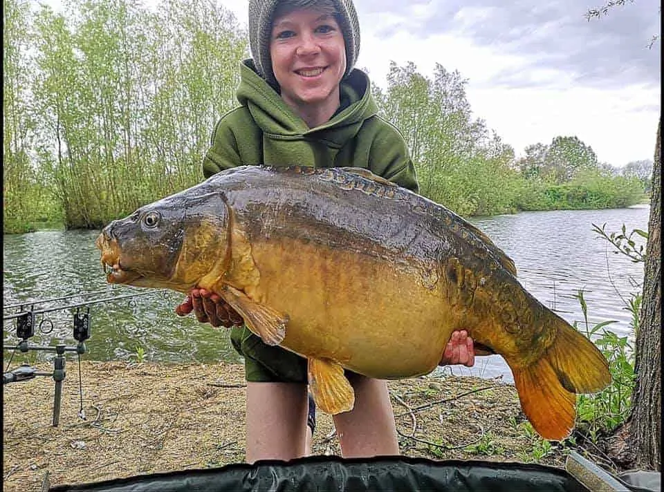 a young angler on a lake holding a really big mirror carp