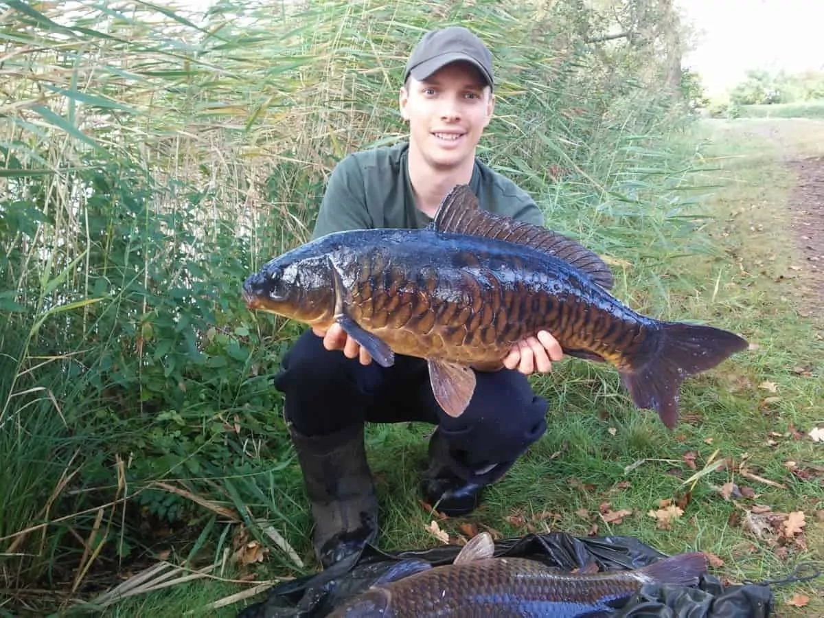 a fisherman holding a nicely looking fully scale carp