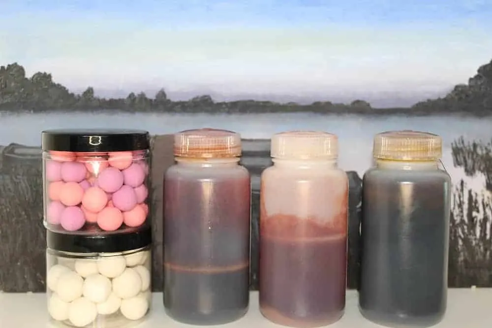 a variety of boilie dips and pop-ups for carp fishing
