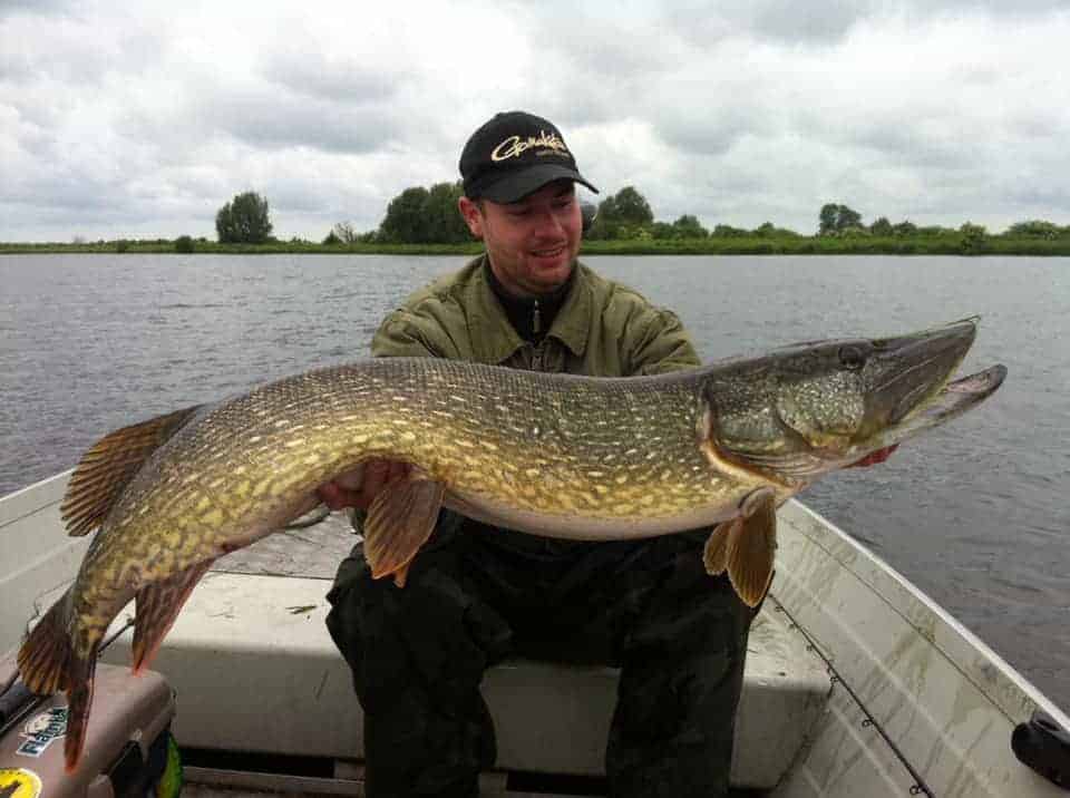 a predator angler on a lake with a long northern pike