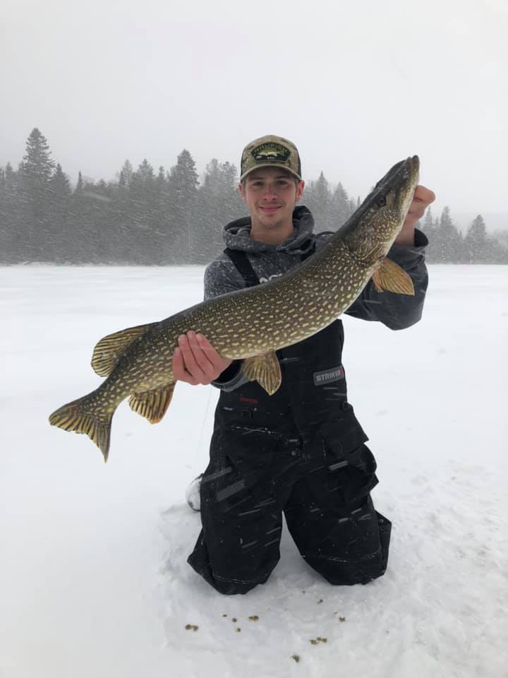 a fisherman on the ice holding a big northern pike that he has caught on a tip up 