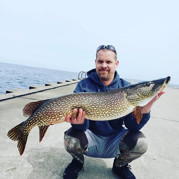 an angler on a pier holding a huge northern pike that he has caught on a crankbait