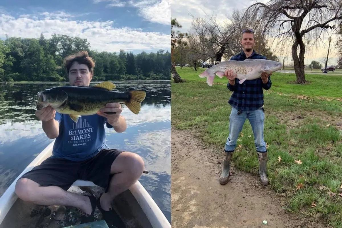 two anglers holding a big largemouth bass and a big catfish