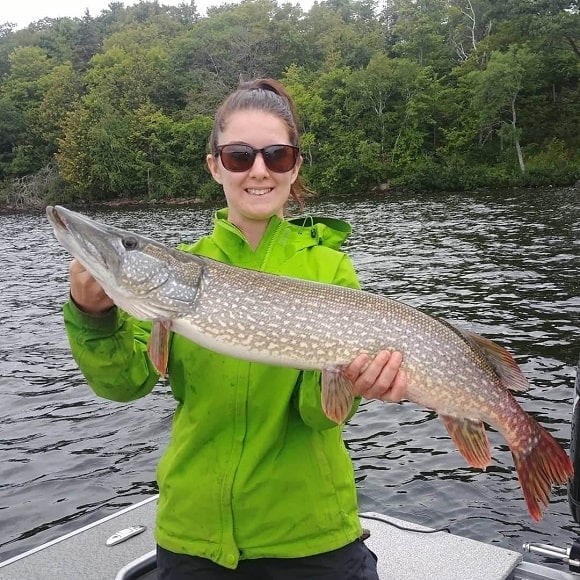 an angler on her boat holding a nice pike that she has caught on a cloudy day with moderate southern winds