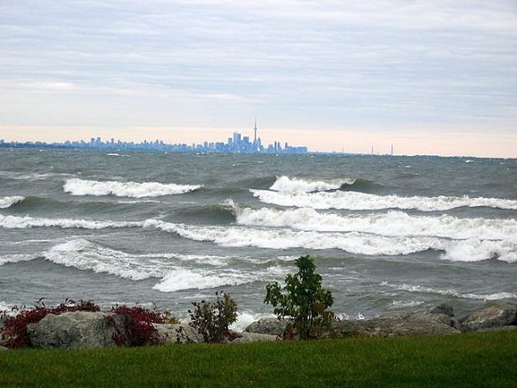 a picture of a wave-ridden lake ontario in North America