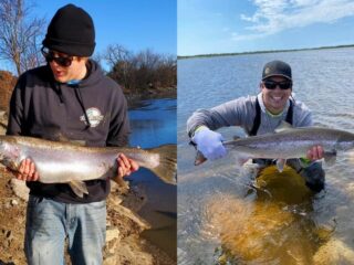 a picture of two fishermen holding a big steelhead and a nice atlantic salmon