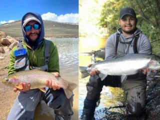 two trout fishermen holding a beautiful rainbow trout and a big steelhead