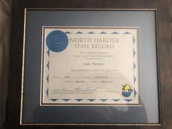 an image of the certificate for the North Dakota state record zander