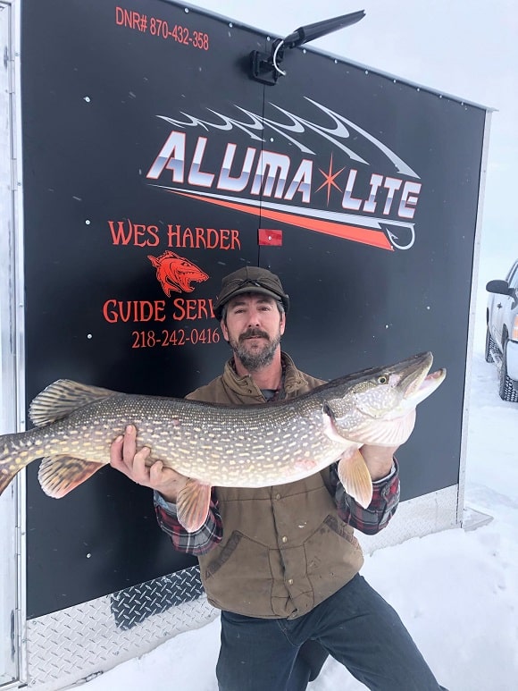 an ice angler on lake of the woods holding a big northern pike
