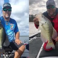 an angler in two different pictures holding a black and a white crappie on a fishing boat