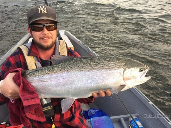 a trout angler on the oswego river with a nice steelhead