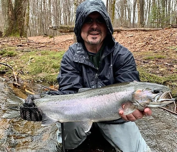 a trout angler from new york holding a fat fall steelhead