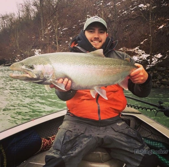 a fishing guide on his boat holding a giant Niagara River steelhead