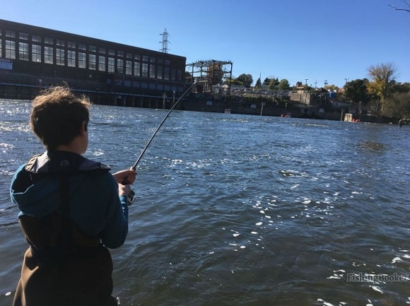 a young angler fighting a steelhead on a new york river