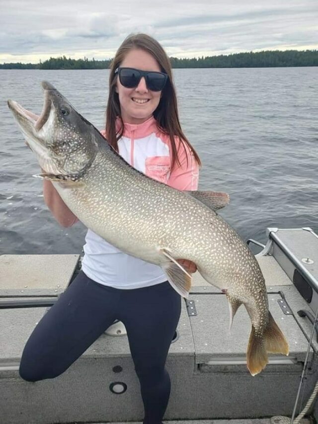 a female angler on a boat holding a reconrd-breaking lake trout caught trolling with downriggers