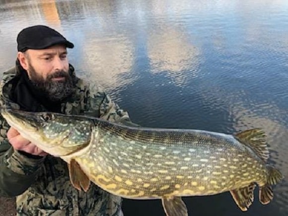 a happy angler on a river bank with a really big and fat pike