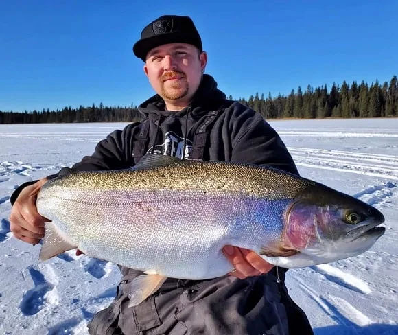 an ice angler on a lake holding a big trophy rainbow trout