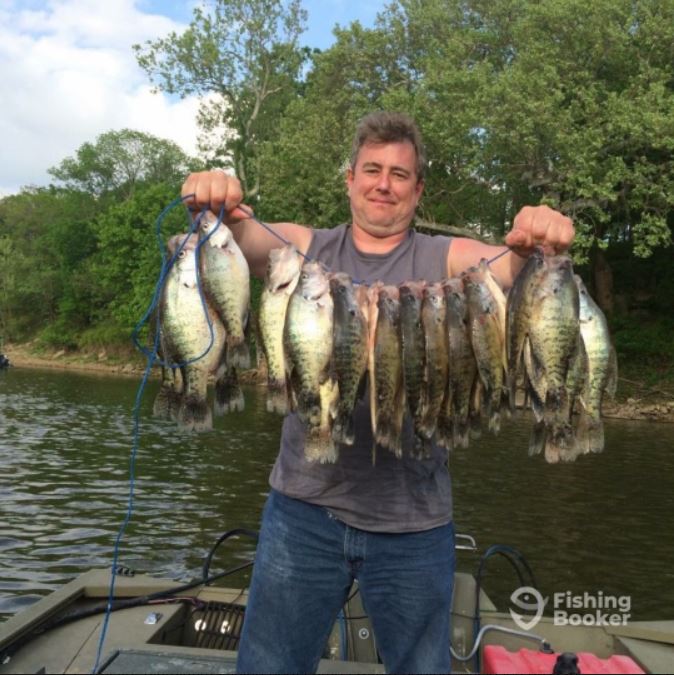 a fisherman on a guide boat holding a bunch of crappie caught in Oklahoma