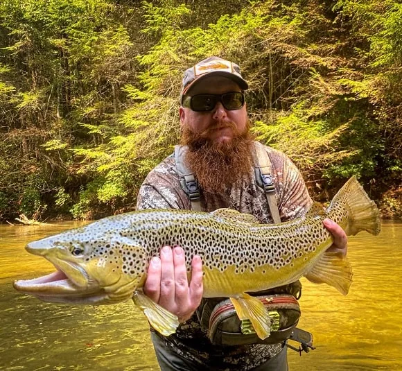 a fly fisherman on a river holding a beautiful US brown trout
