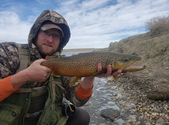 a fly fisherman on a river holding a beautiful pre-spawn brown trout
