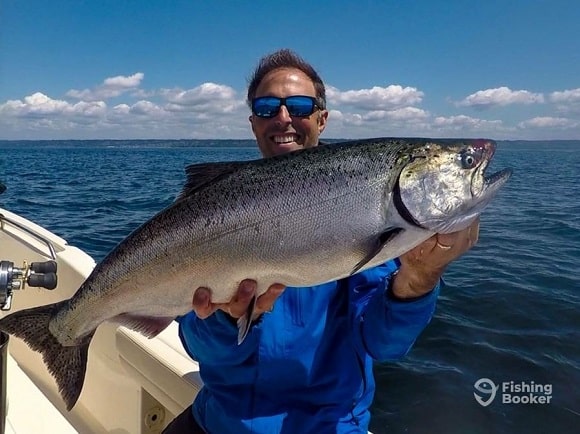 a charter customer fishing for big king salmon on the Puget Sound