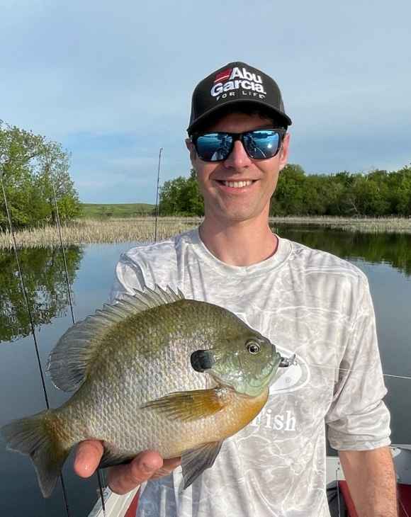 a US angler holding a fat pre-spawn bluegill that he has caught in May. 