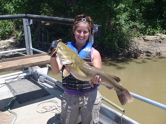 a female angler on a lake holding a nice post-spawn flathead catfish