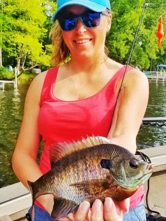 a female angler on a boat holding a nice post-spawn bluegill
