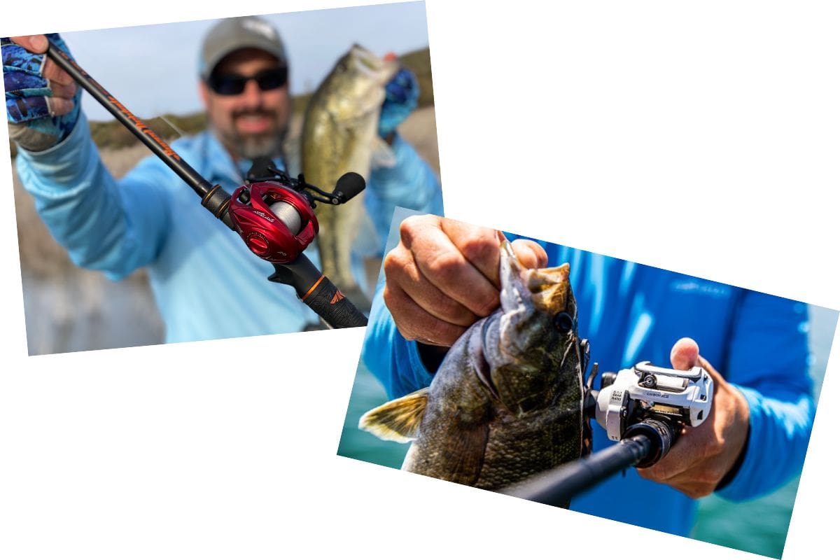 two images of bass anglers fishing with kastking and piscifun baitcasters