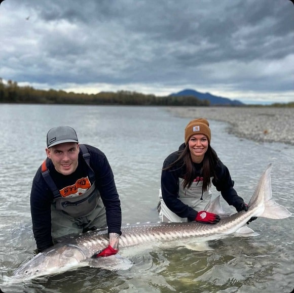 two anglers on a river holding an average sized white sturgeon