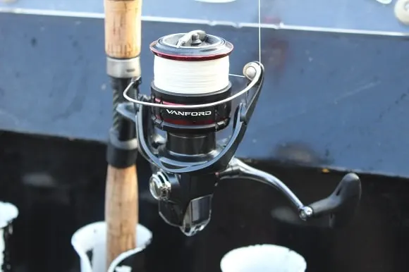 a close up of a Shimano Vanford 4000 spinning reel