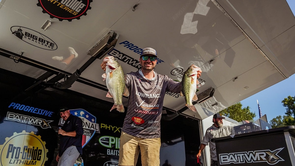 a pro bass angler at a 2023 national professional fishing league tournament
