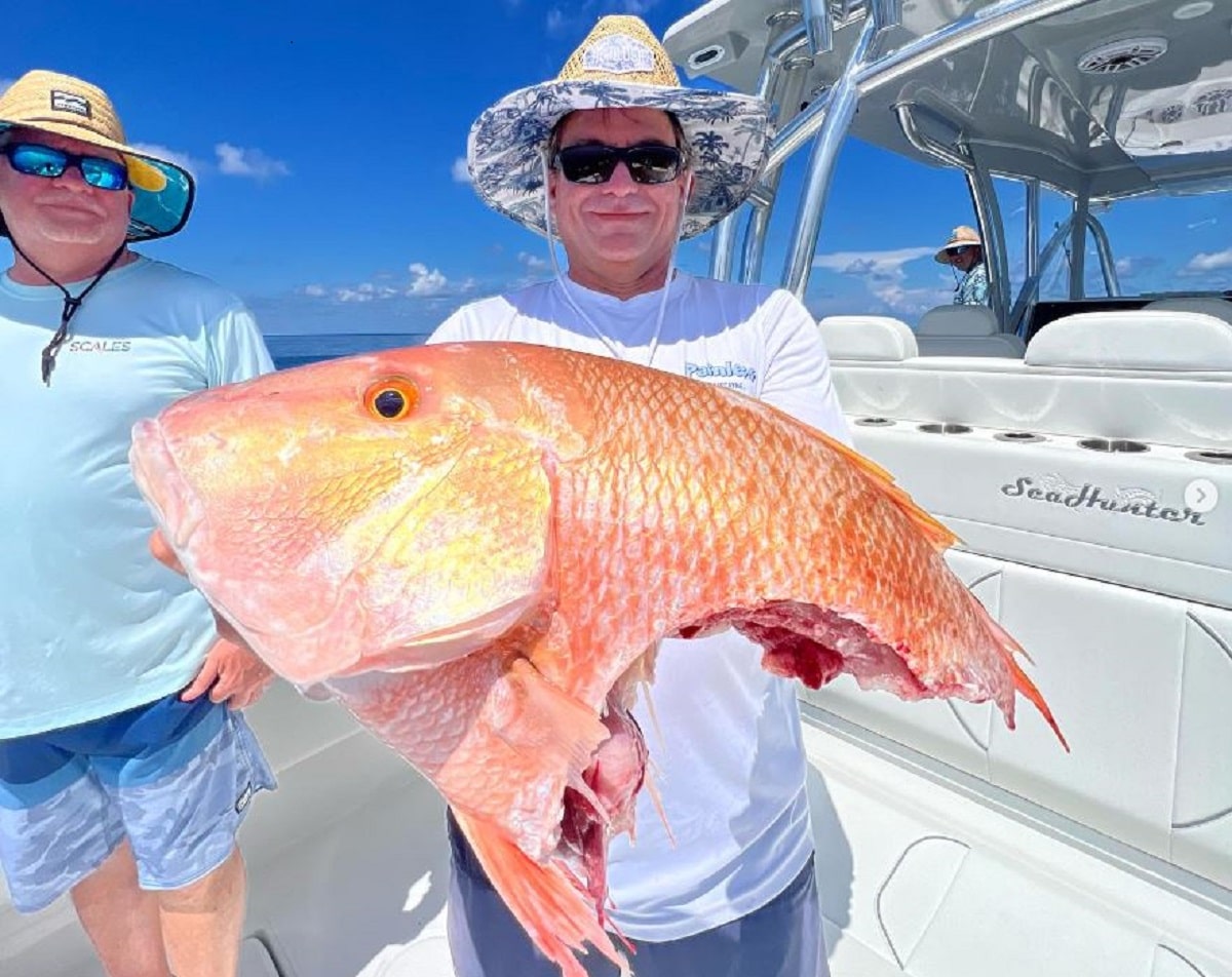 an unhappy angler with the rest of a red snapper that got attacked by a shark