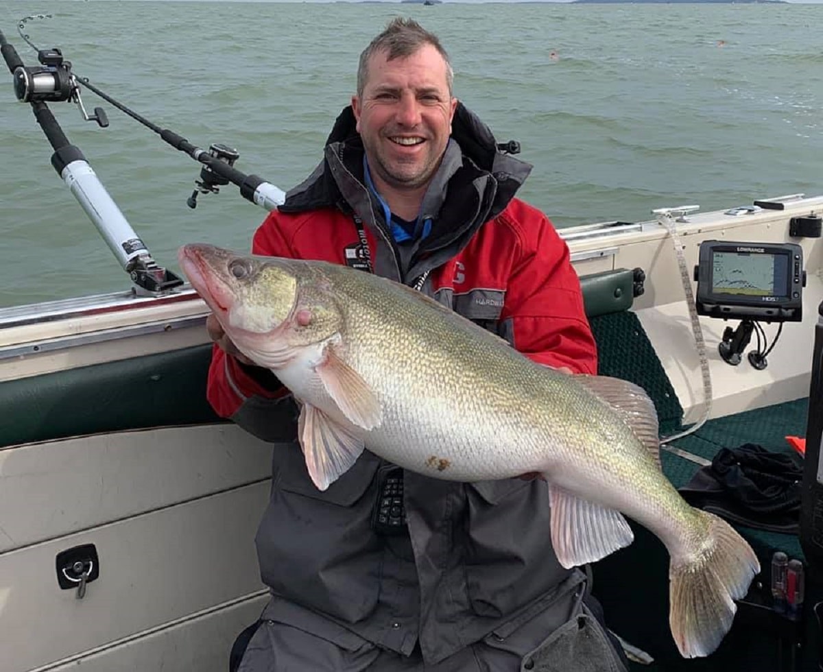 a happy angler with a huge rainy river fall walleye