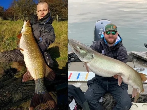 two anglers holding a giant northern pike and a huge musky